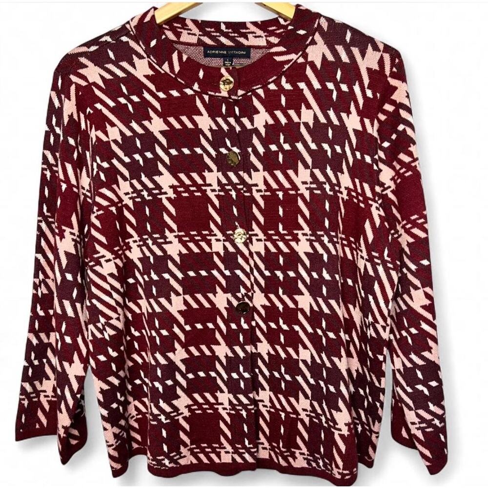 NEW Adrienne Vittadini Oversized Burgundy & Pink Houndstooth Knit Cardigan Large